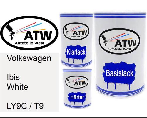 Volkswagen, Ibis White, LY9C / T9: 500ml Lackdose + 500ml Klarlack + 250ml Härter - Set, von ATW Autoteile West.